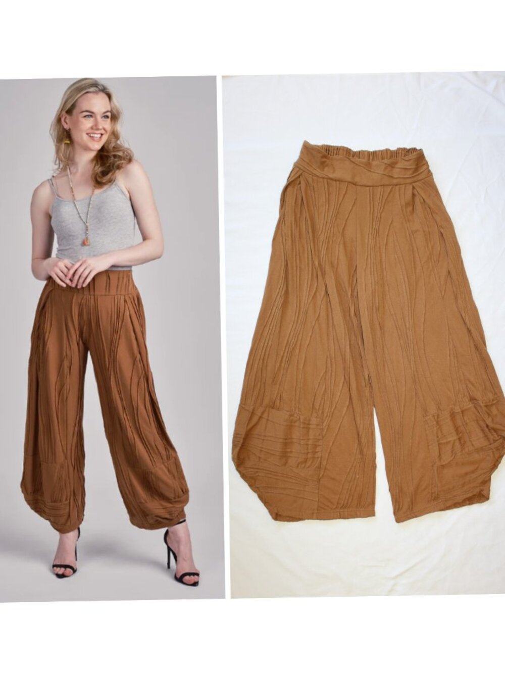 Windhorse Brown Harem Pants flowy wide-leg Size L/XL elastic waistband Baggy Y2K